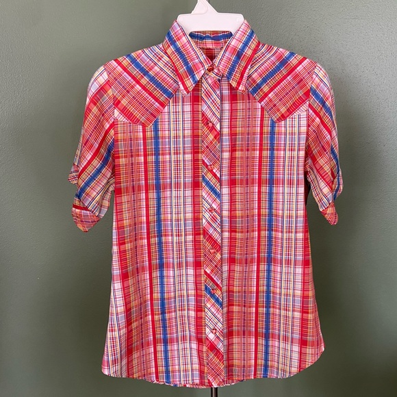 Vintage Shirt Womens S Red Plaid Snap 38” Chest Rockabilly Western 70s Cowgirl - Picture 5 of 8